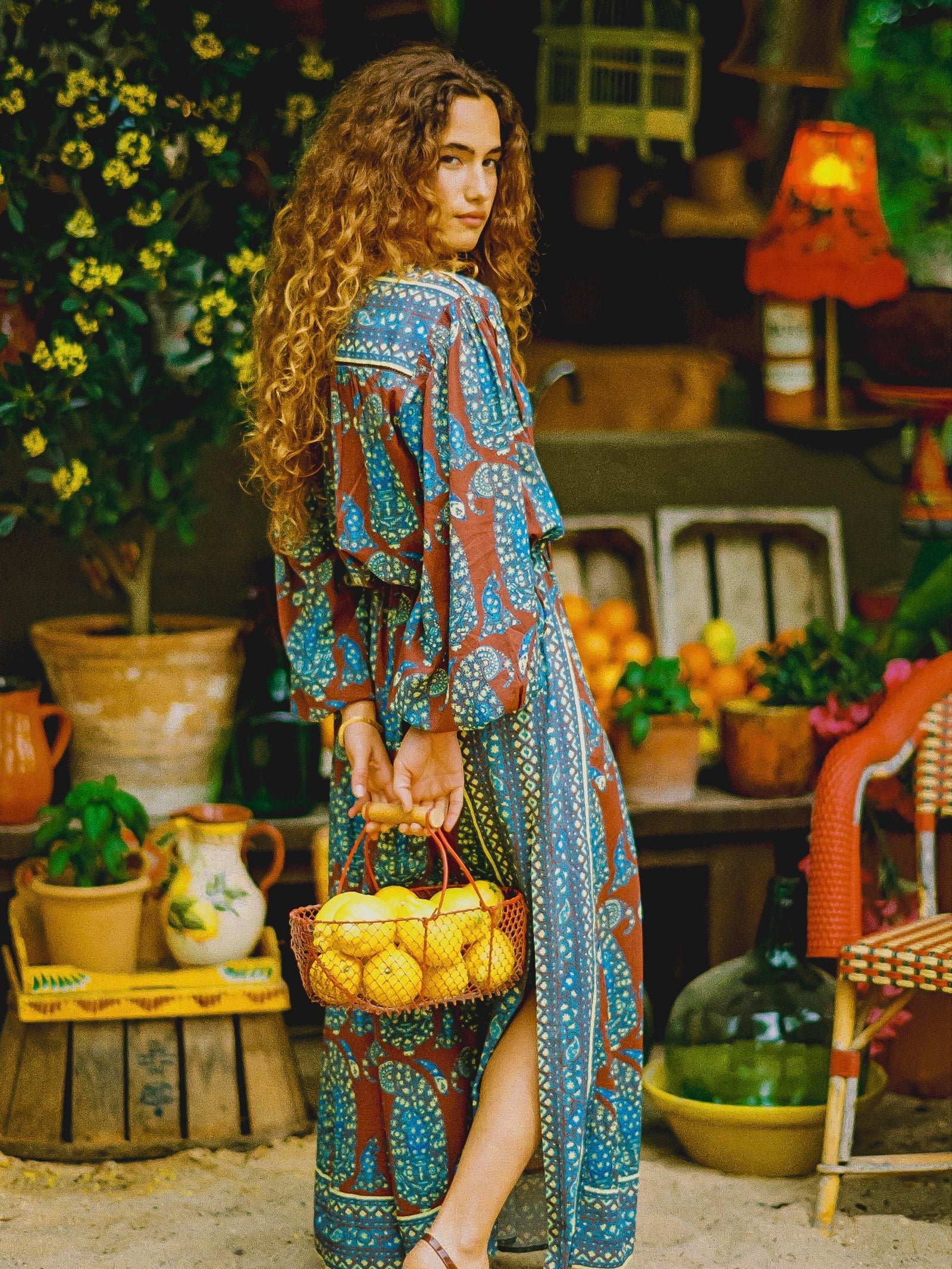 Calico Lace Up Smock Maxi Dress