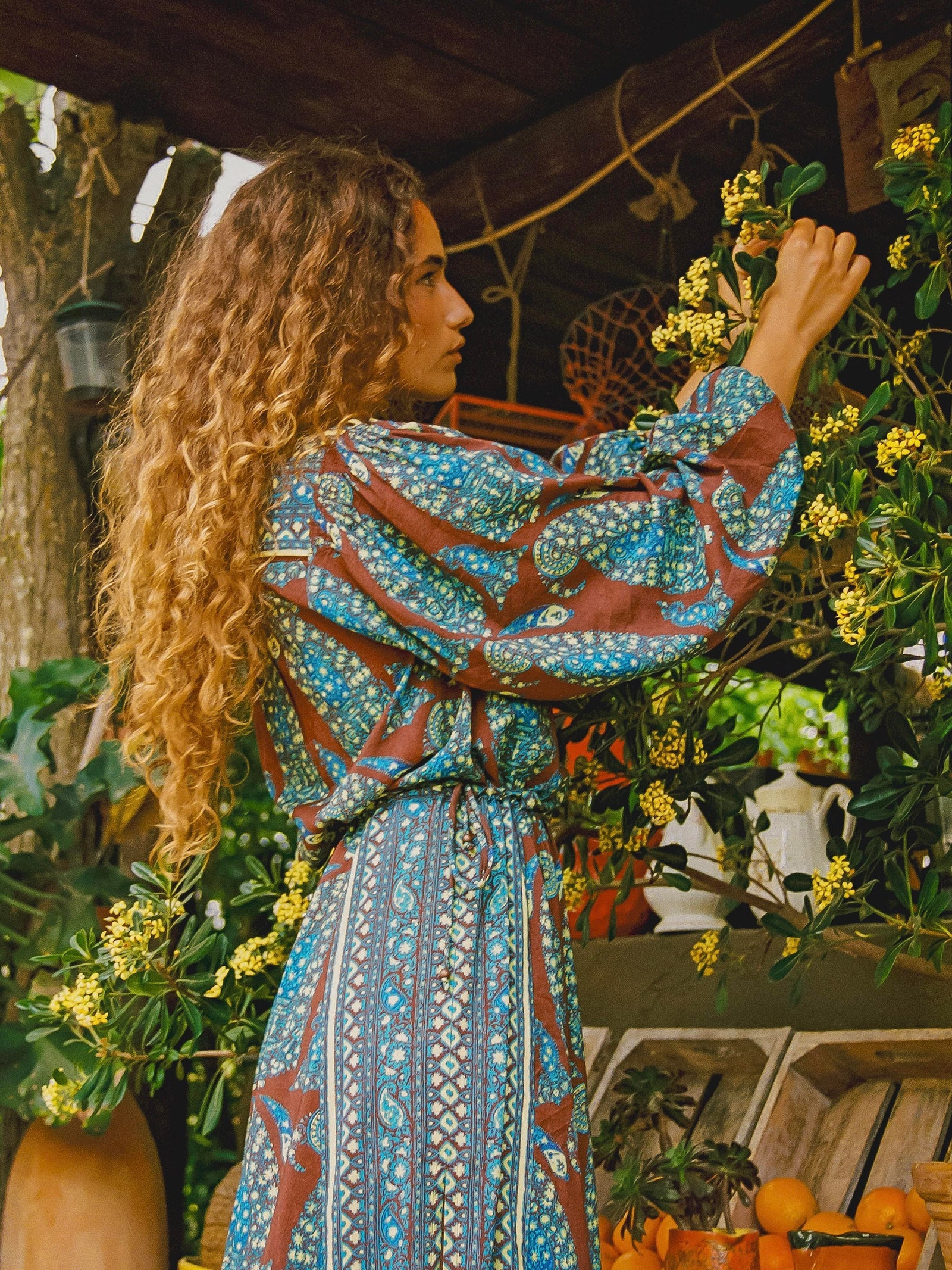 Calico Lace Up Smock Maxi Dress