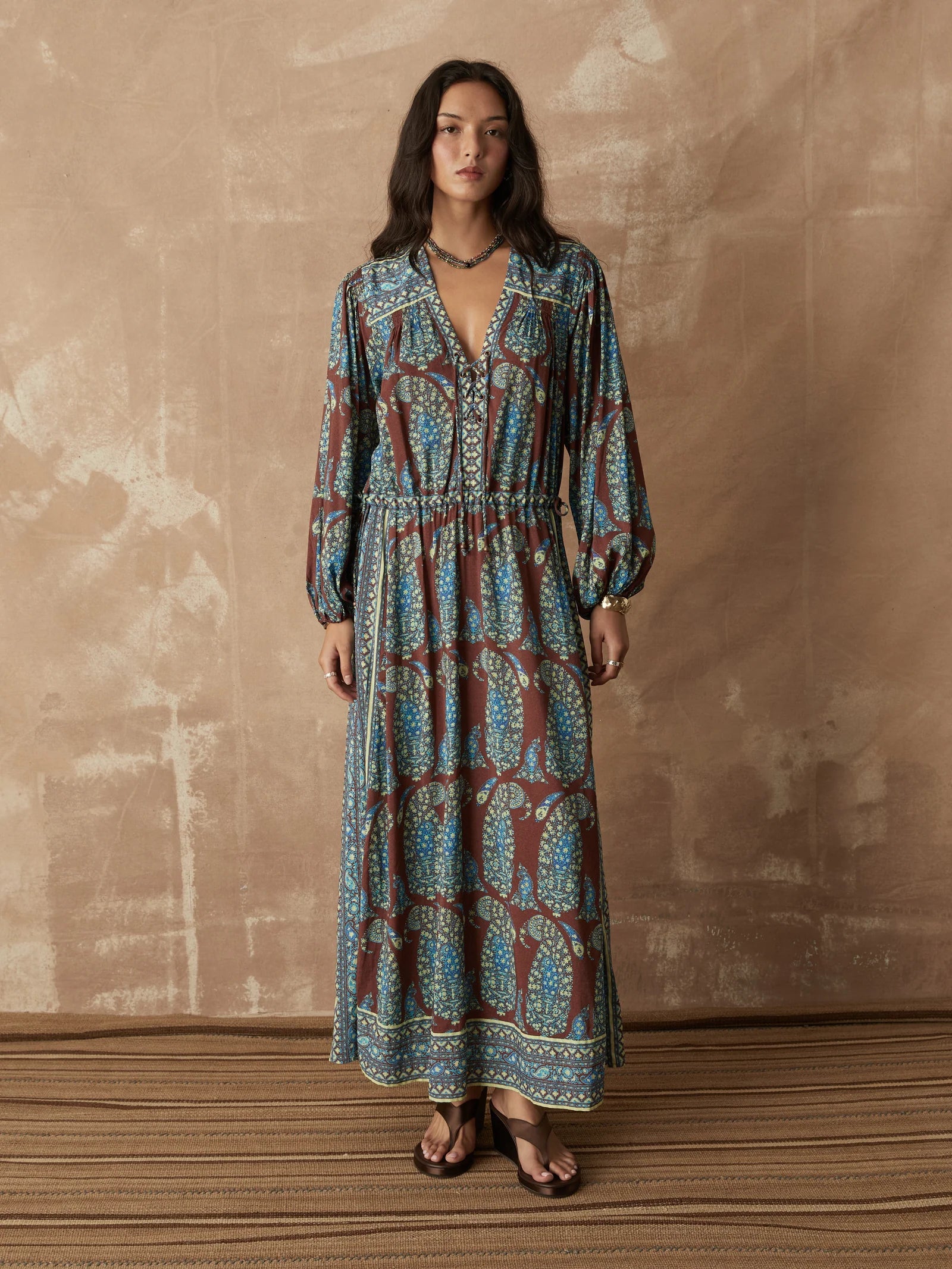 Calico Lace Up Smock Maxi Dress