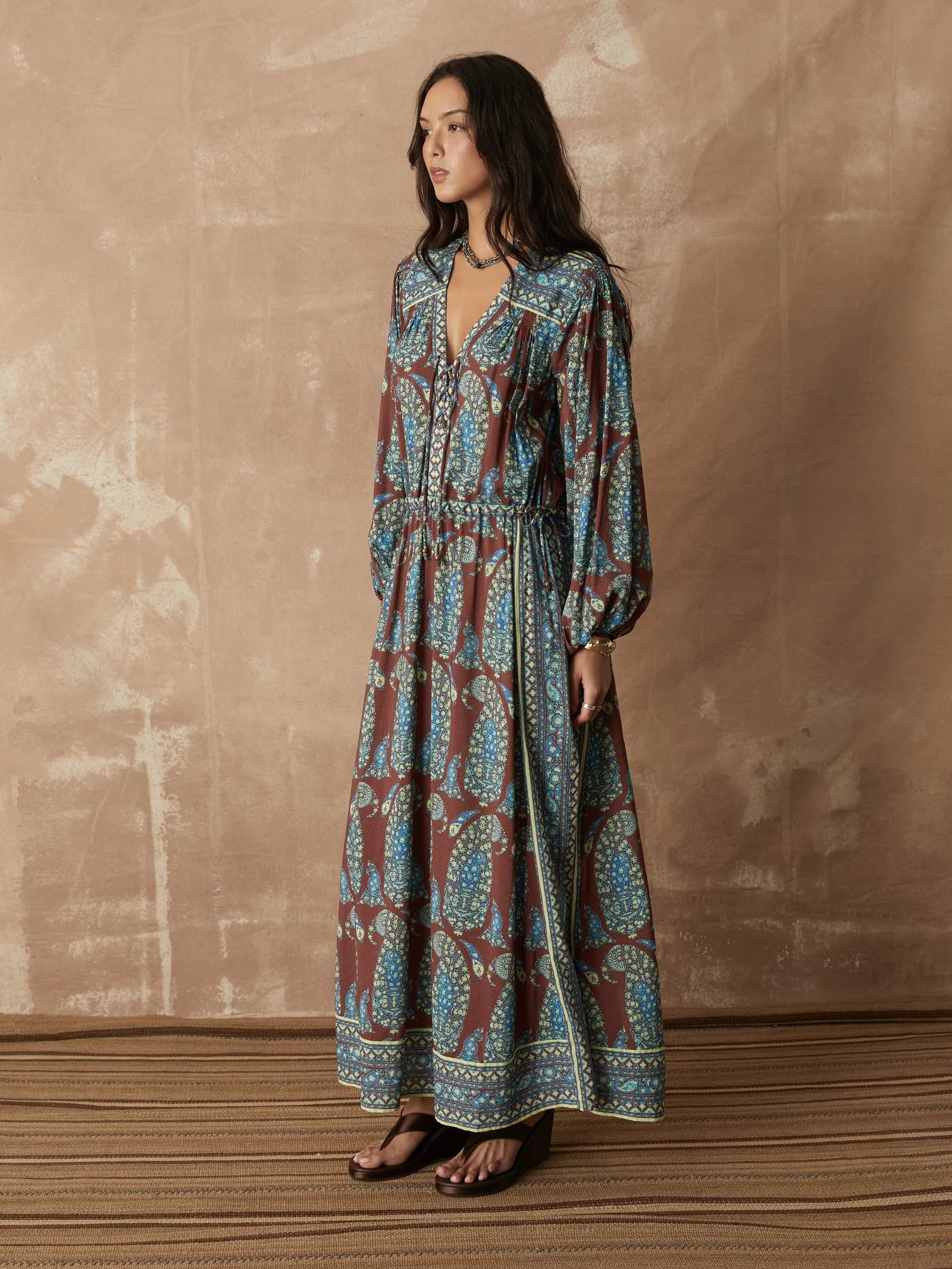 Calico Lace Up Smock Maxi Dress