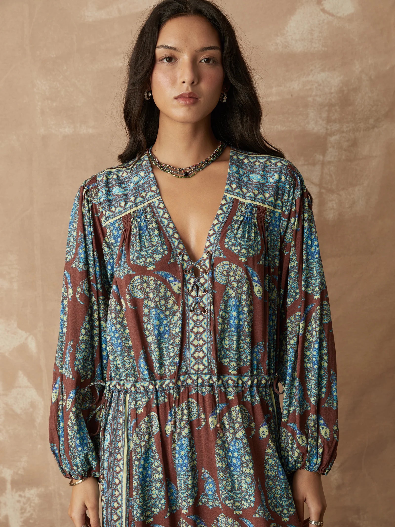 Calico Lace Up Smock Maxi Dress
