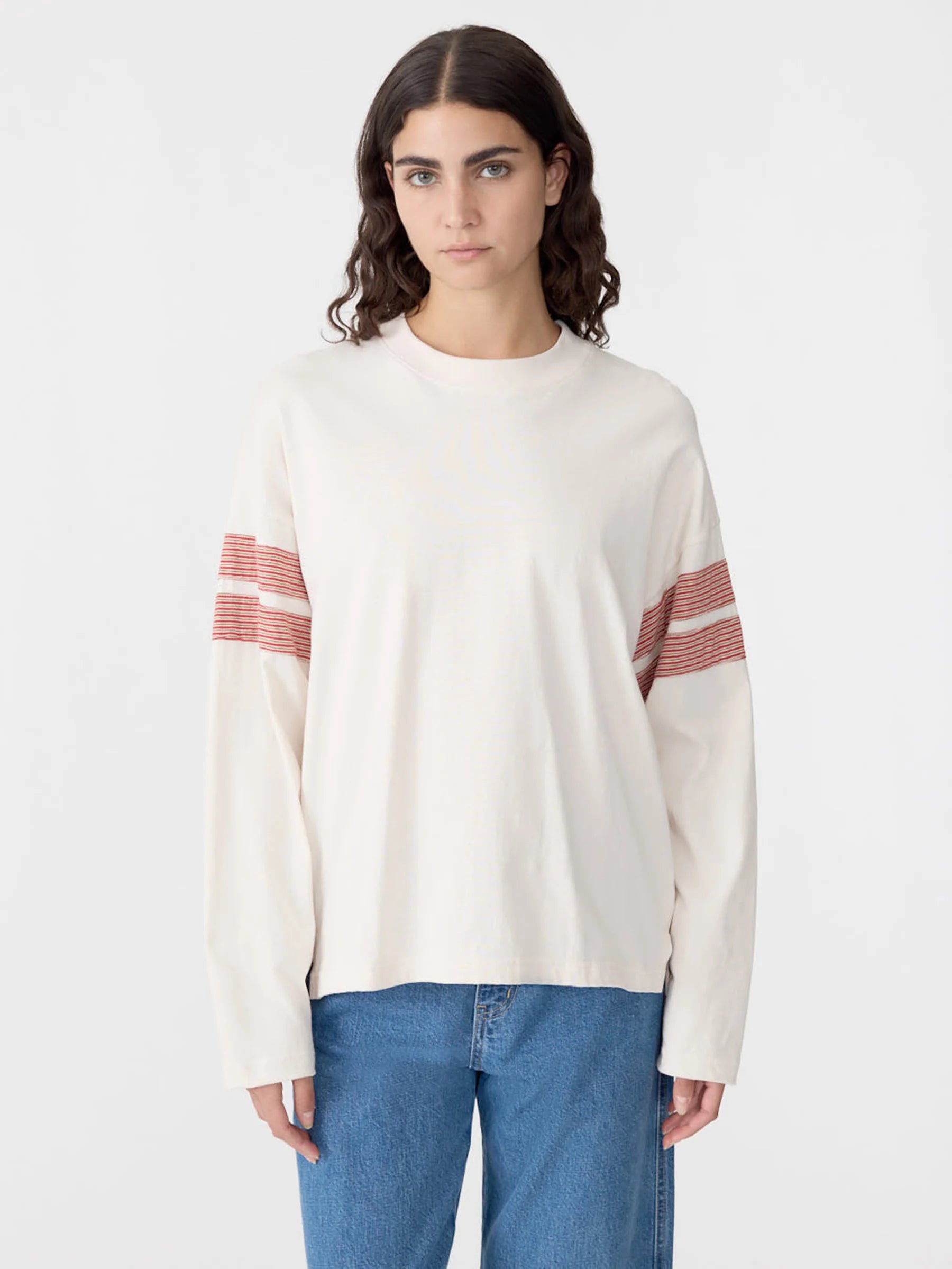 Boxy Rib Insert L/S T-Shirt in Ecru/Red