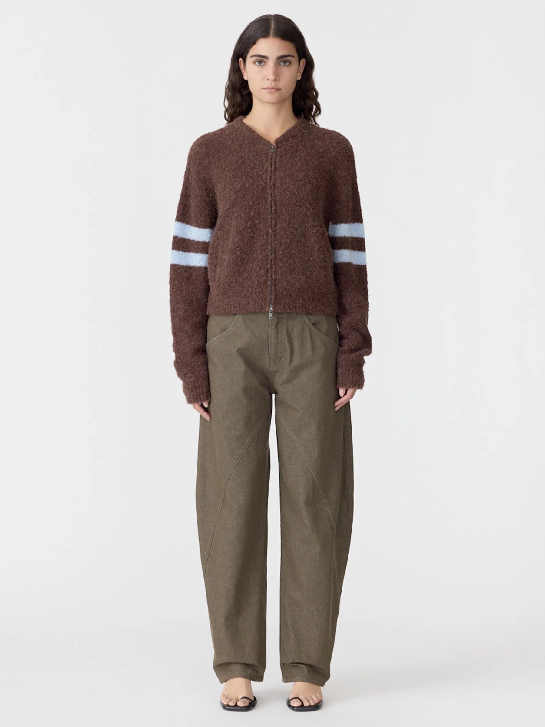 Wool Alpaca Zip-Up Knit in Cinnamon/Blue Stripe