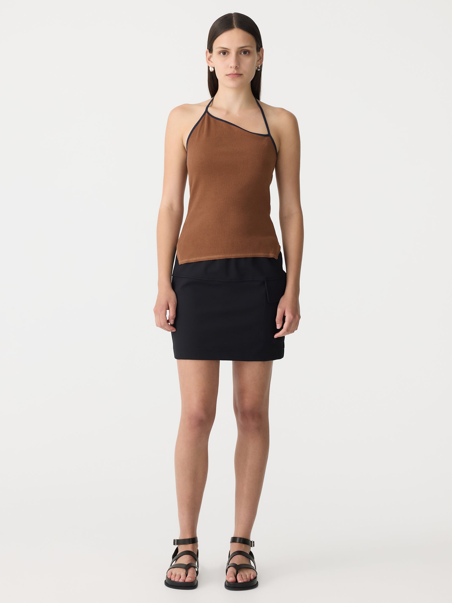 Tie Back Halter Rib Tank in Argan/Blue Ink