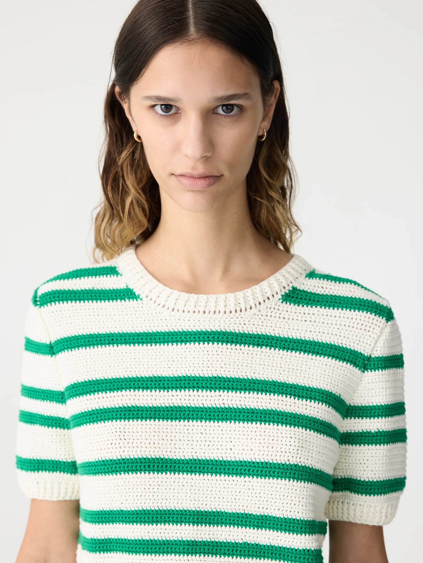 Crochet Stripe T-Shirt Knit in Aloe/White