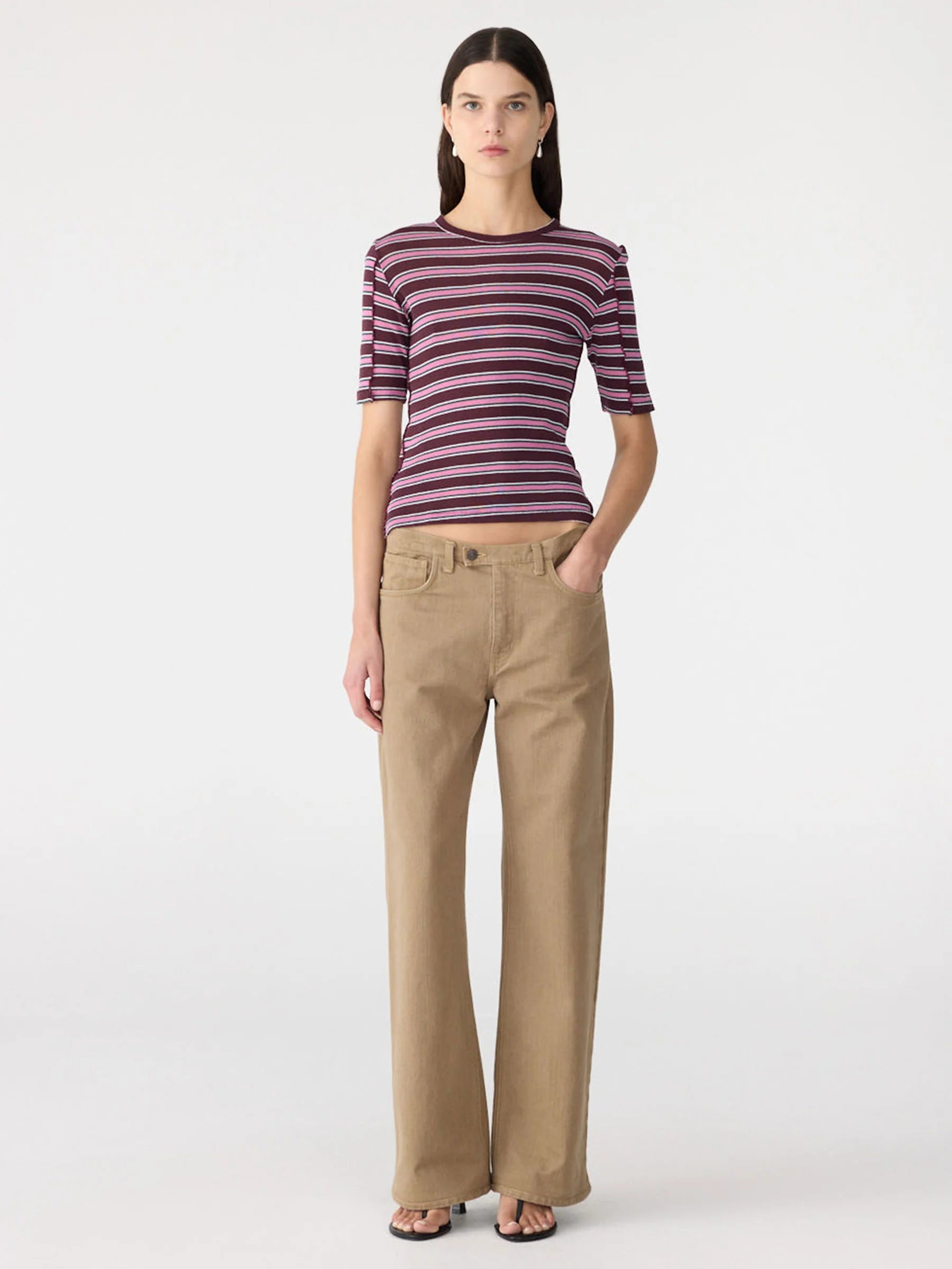 Retro Rib Stripe Mid Sleeve Top in Burgundy/Forest/Pink/White