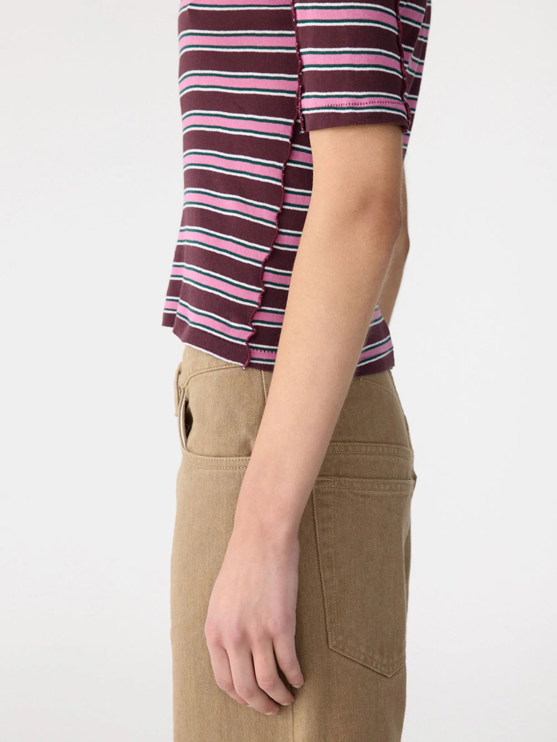 Retro Rib Stripe Mid Sleeve Top in Burgundy/Forest/Pink/White