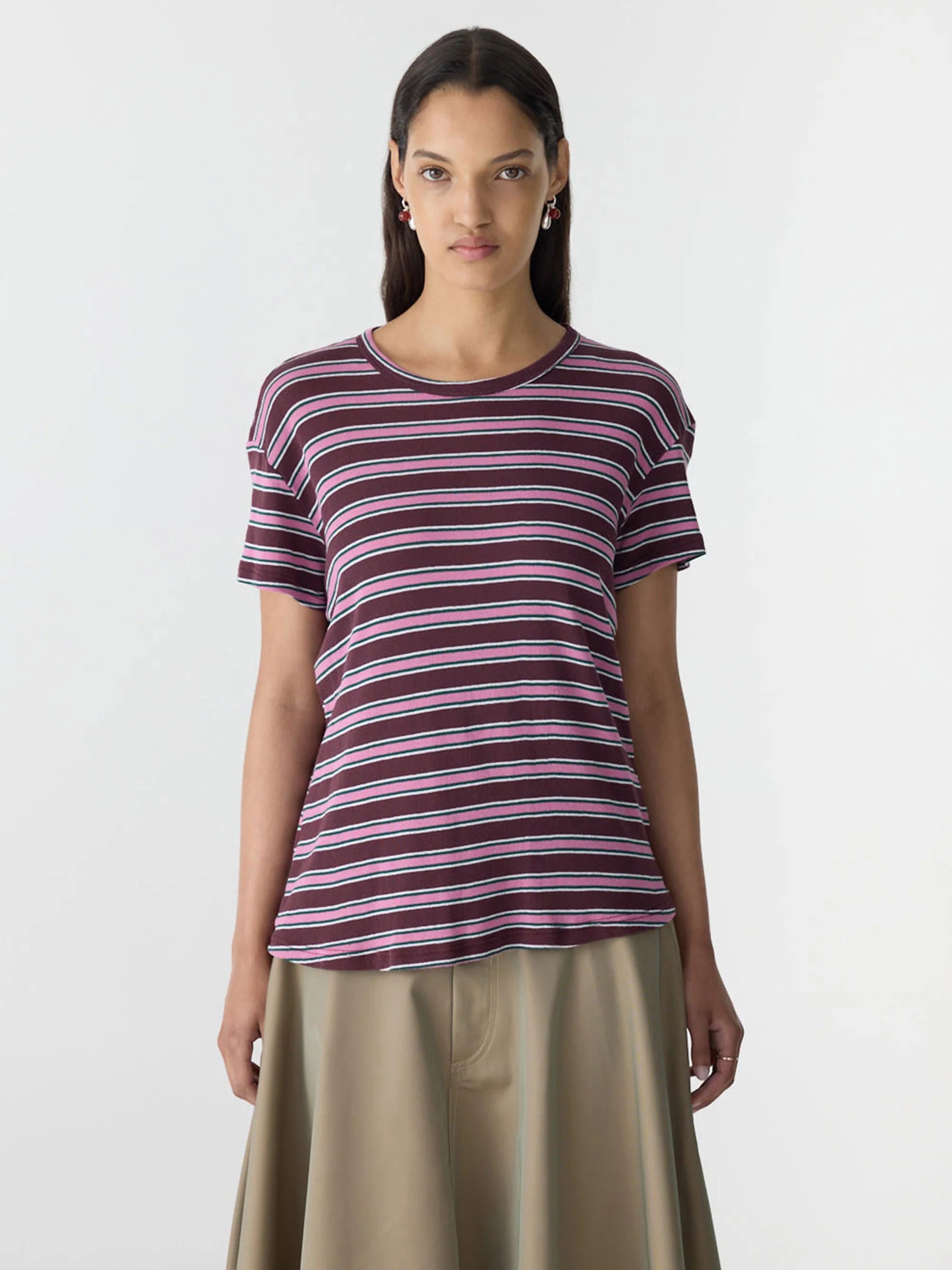 Retro Rib Stripe T-Shirt in Burgundy/White/Forest/Pink Stripe