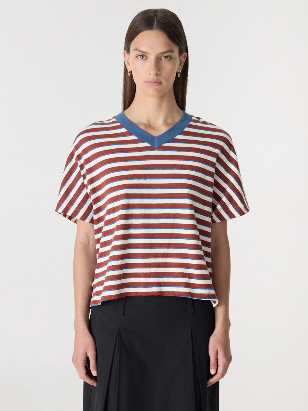 Stripe Boxy V-Neck T-Shirt in Vintage Red/Natural/Blue
