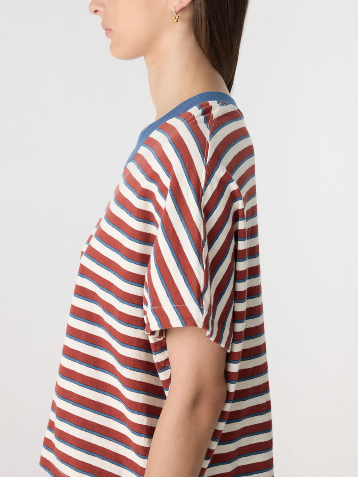 Stripe Boxy V-Neck T-Shirt in Vintage Red/Natural/Blue