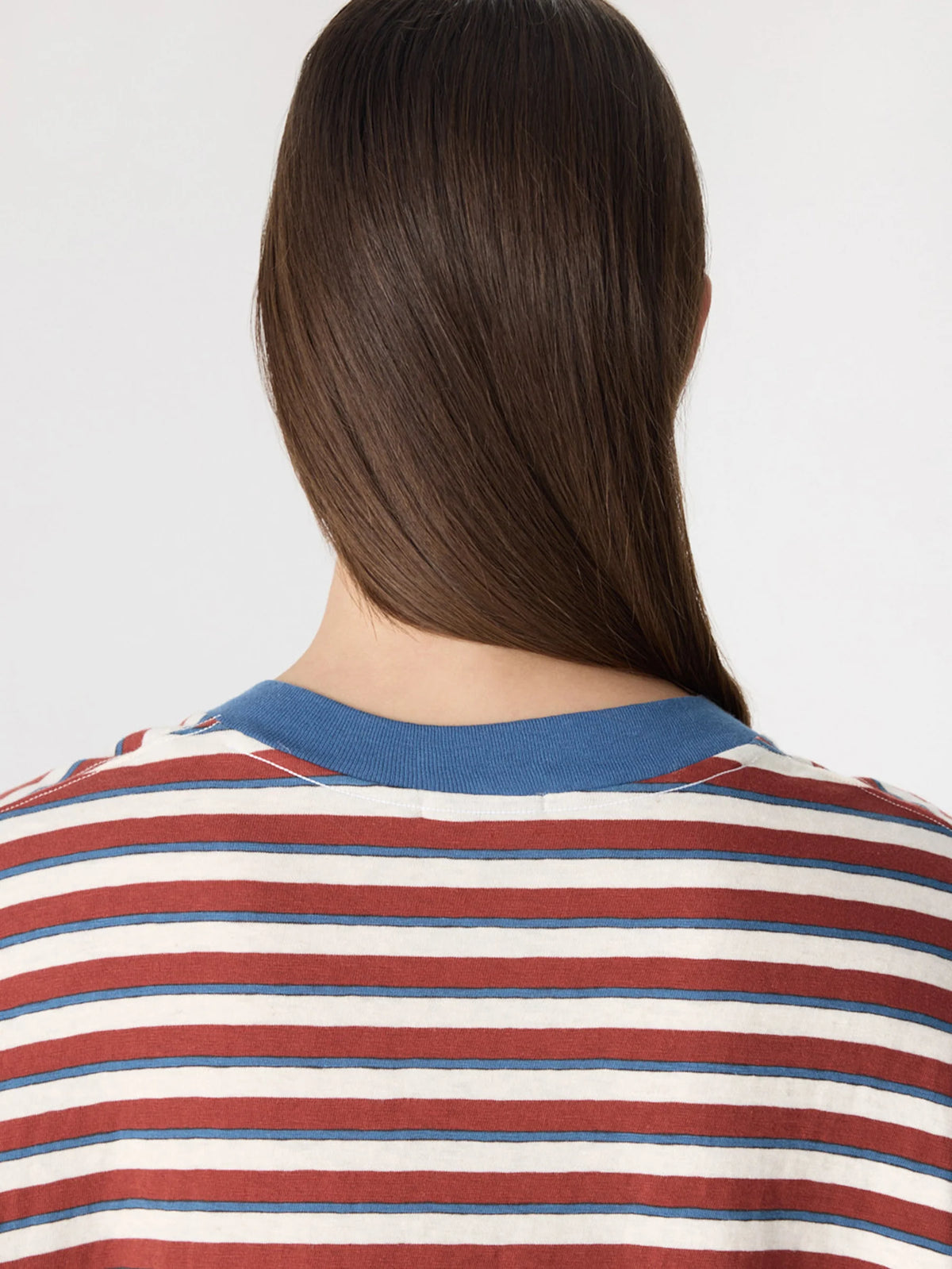 Stripe Boxy V-Neck T-Shirt in Vintage Red/Natural/Blue