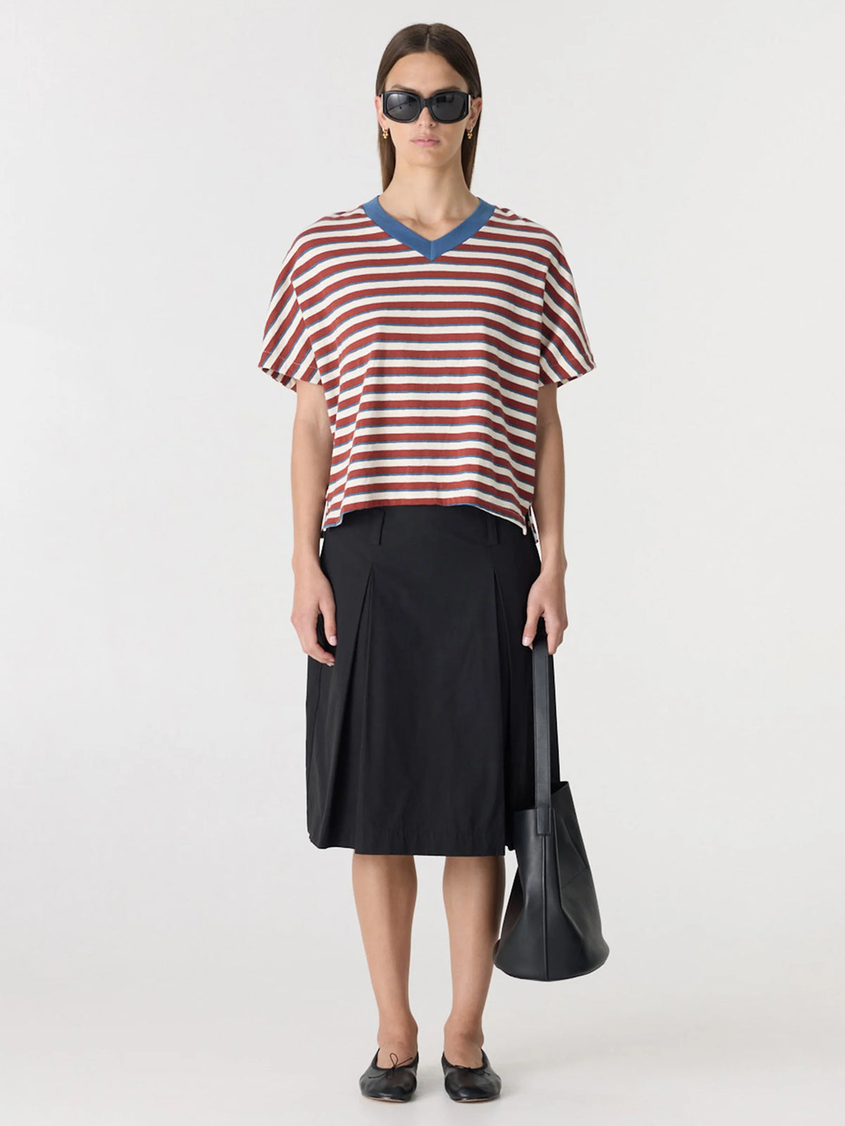 Stripe Boxy V-Neck T-Shirt in Vintage Red/Natural/Blue