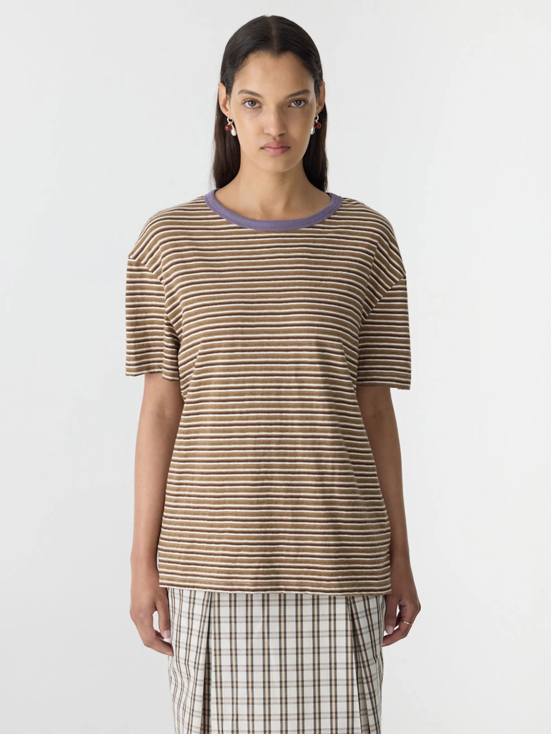 Retro Stripe Boyfriend T-Shirt IN Brown/Purple Stripe