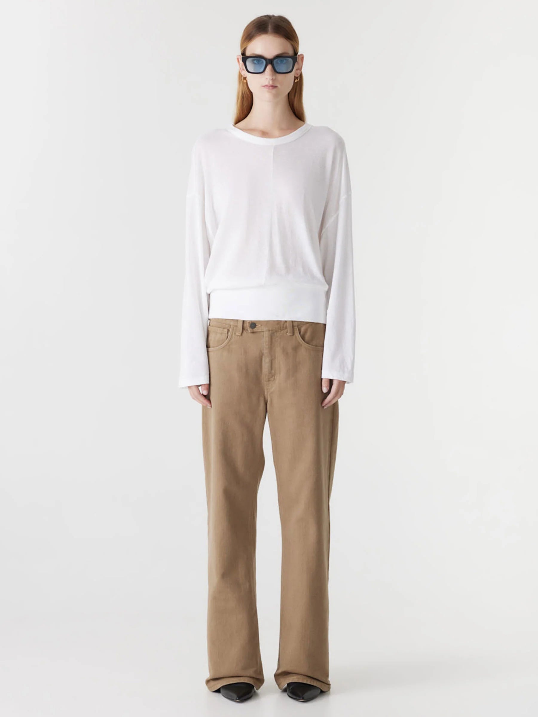 Banded Front Seam L/S Shirt in White