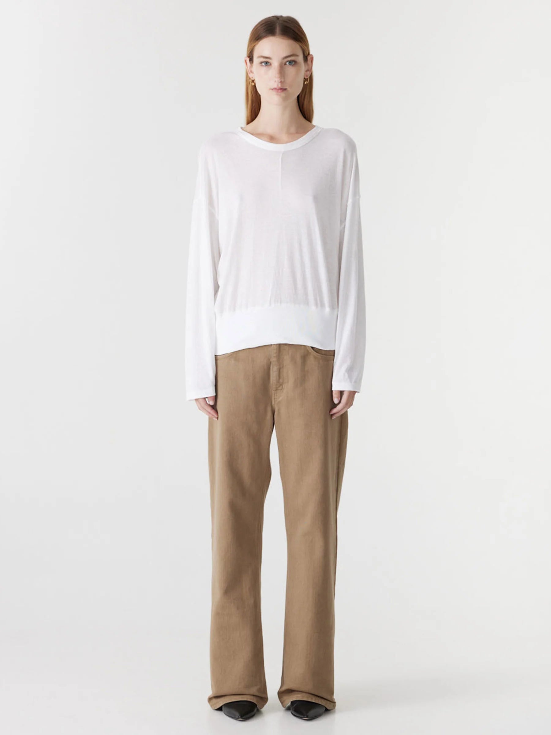 Banded Front Seam L/S Shirt in White