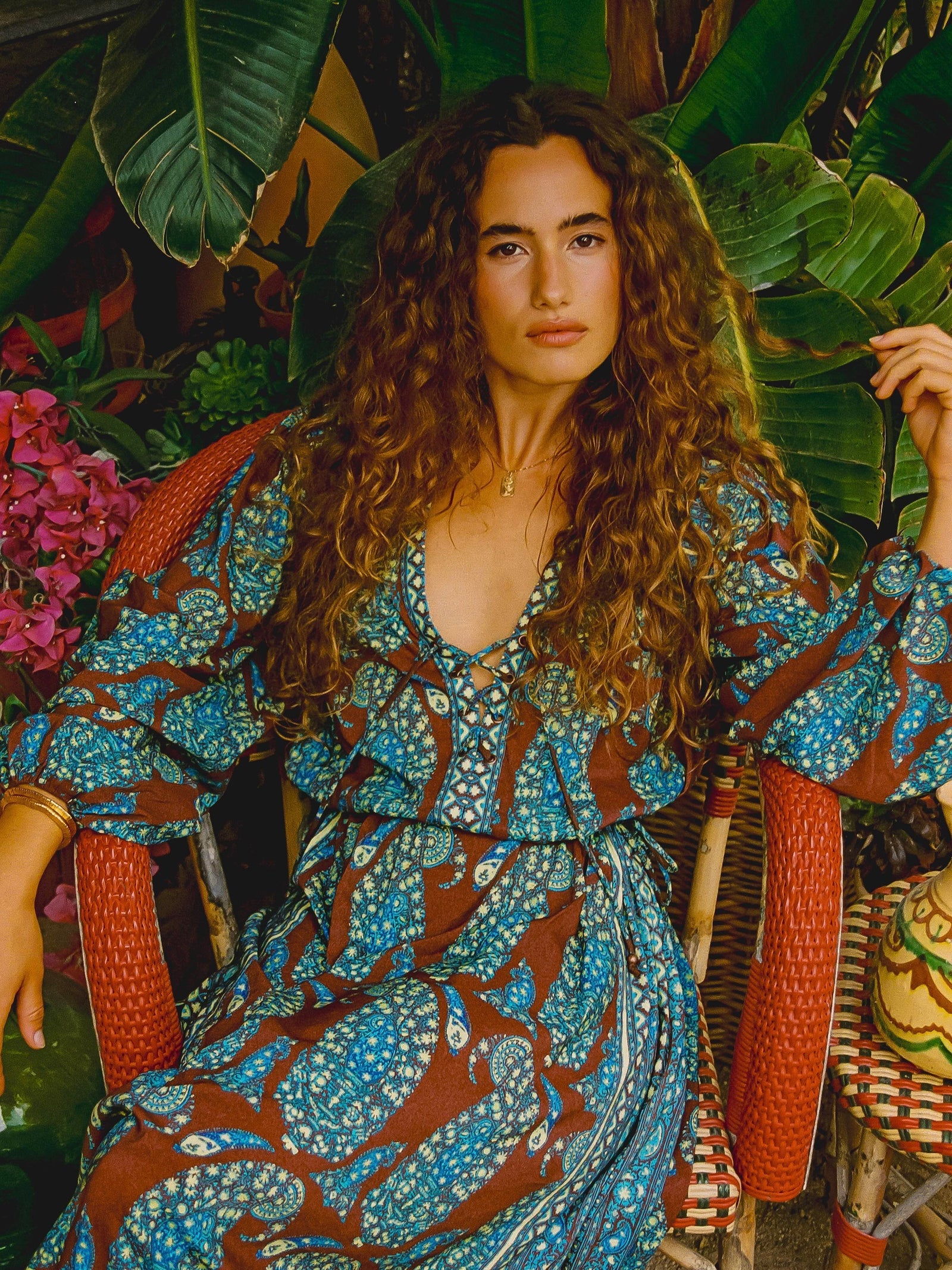 Calico Lace Up Smock Maxi Dress