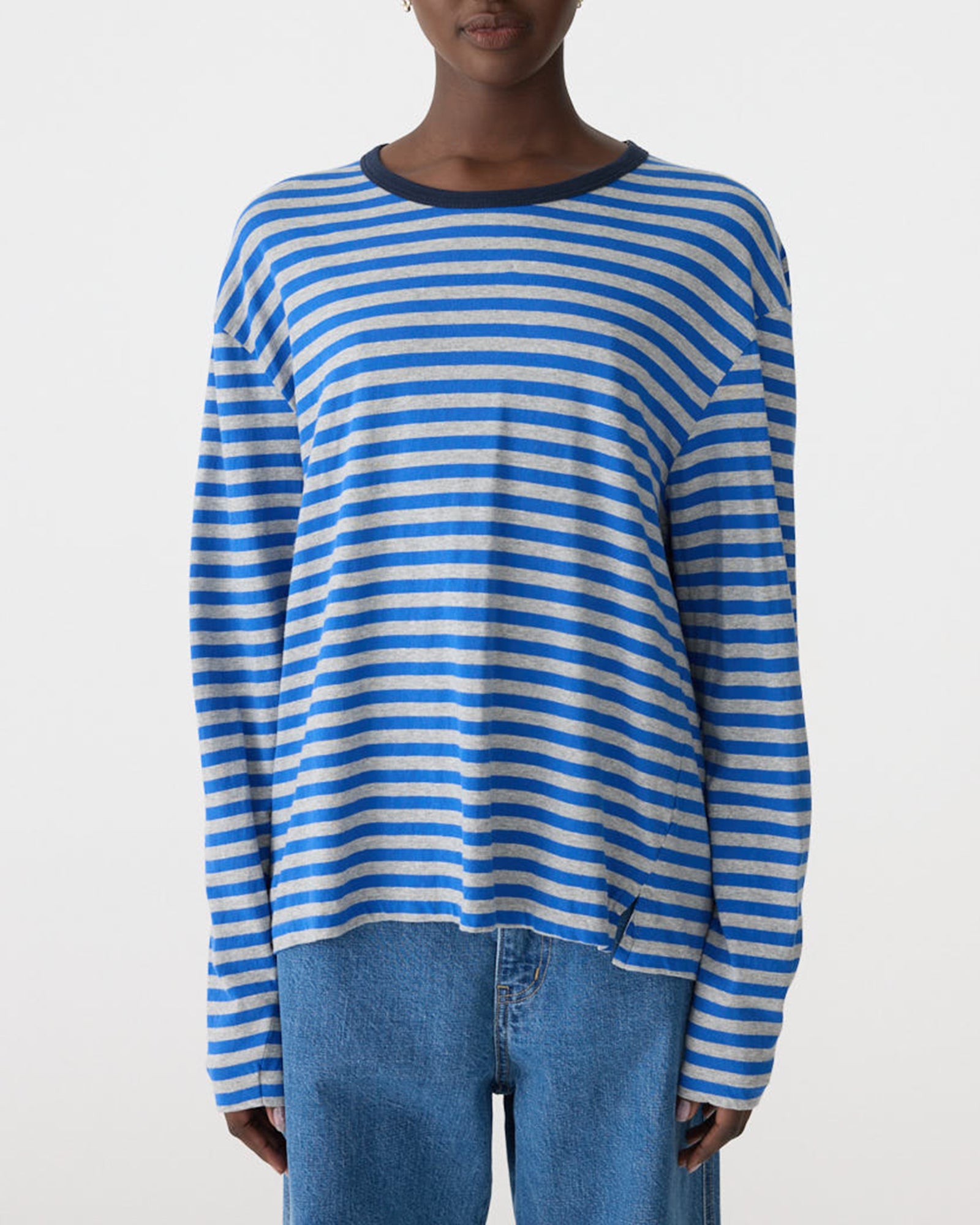 Stripe Boyfriend L/S T-Shirt in Cobalt/Grey Marl