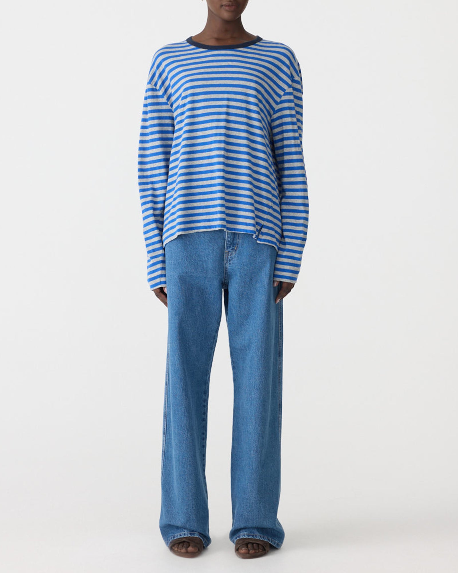 Stripe Boyfriend L/S T-Shirt in Cobalt/Grey Marl
