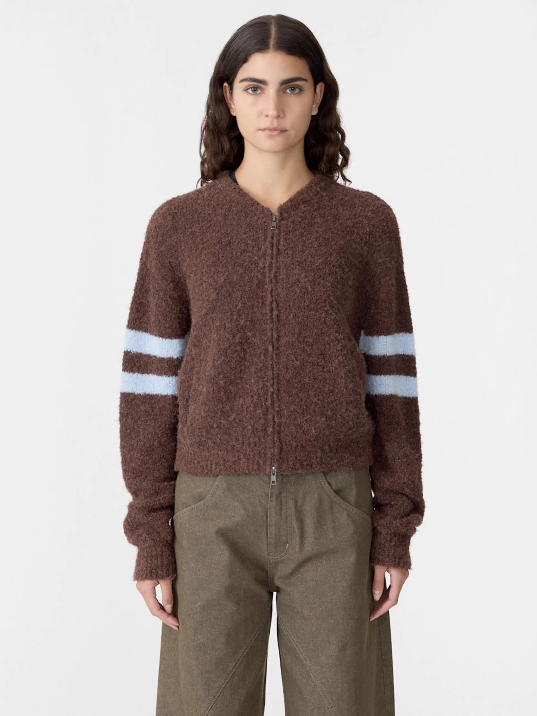 Wool Alpaca Zip-Up Knit in Cinnamon/Blue Stripe