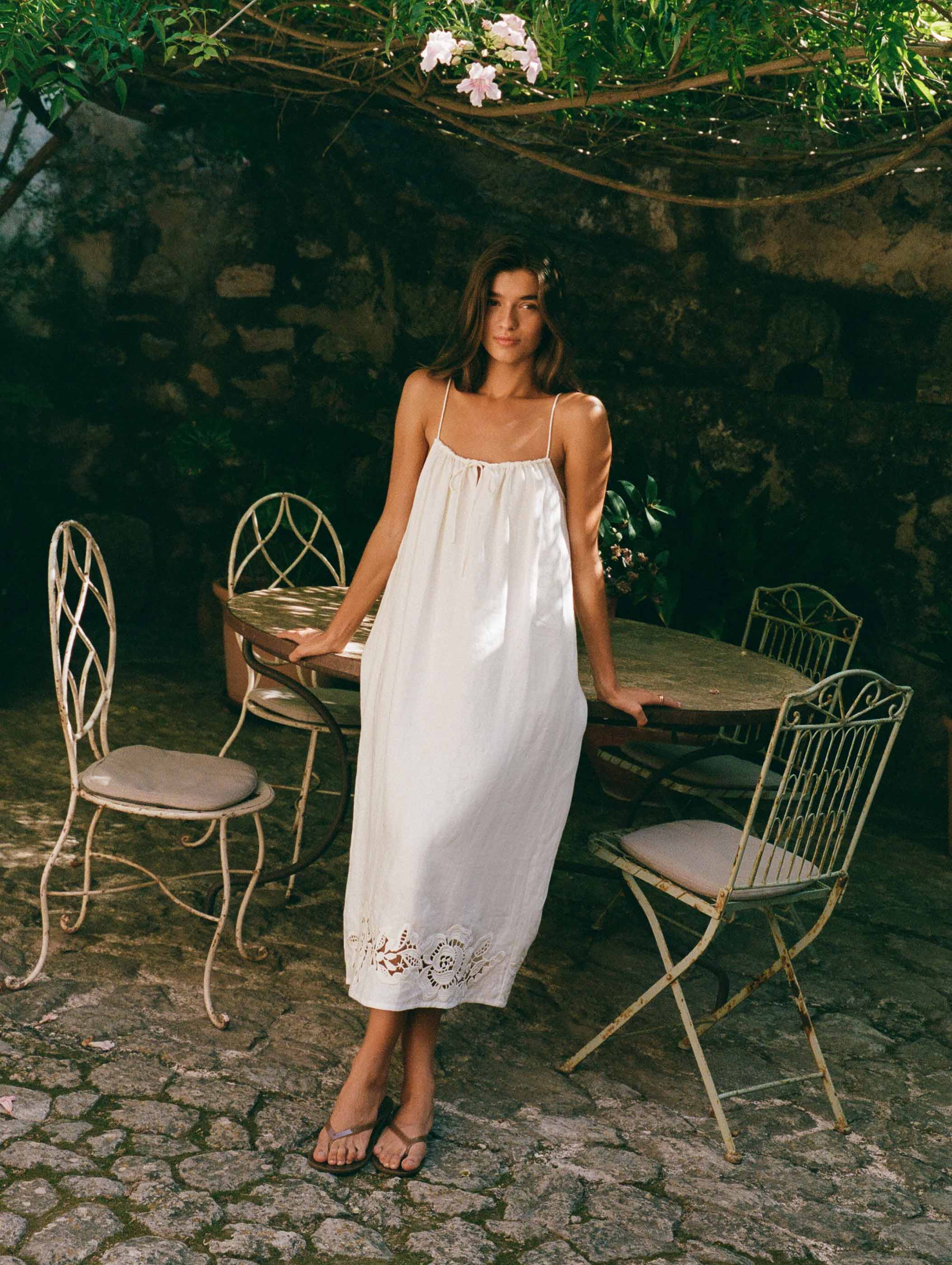 Embroidered Midi Dress in Gardenia