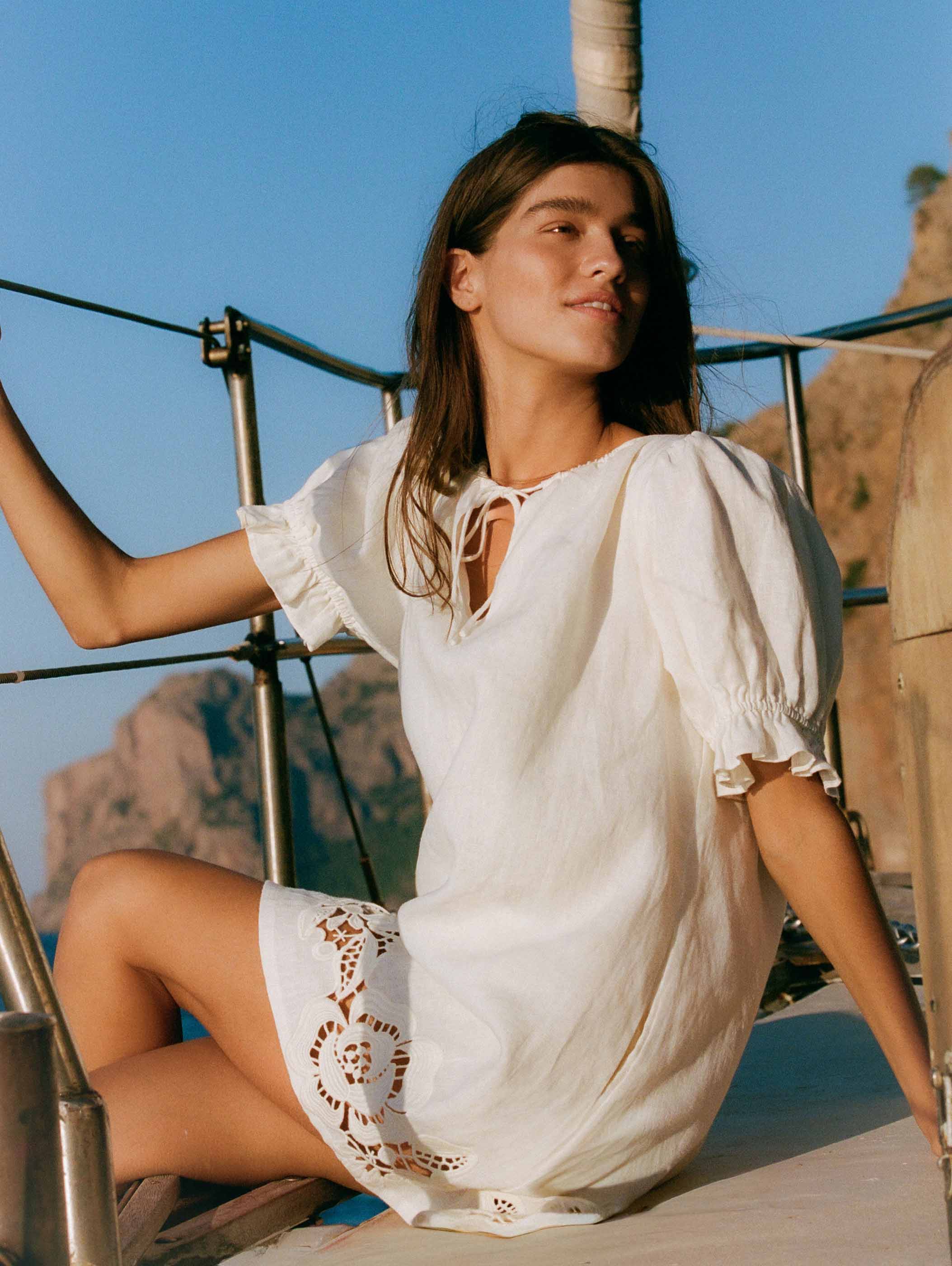 Embroidered Poets Mini Dress in Gardenia