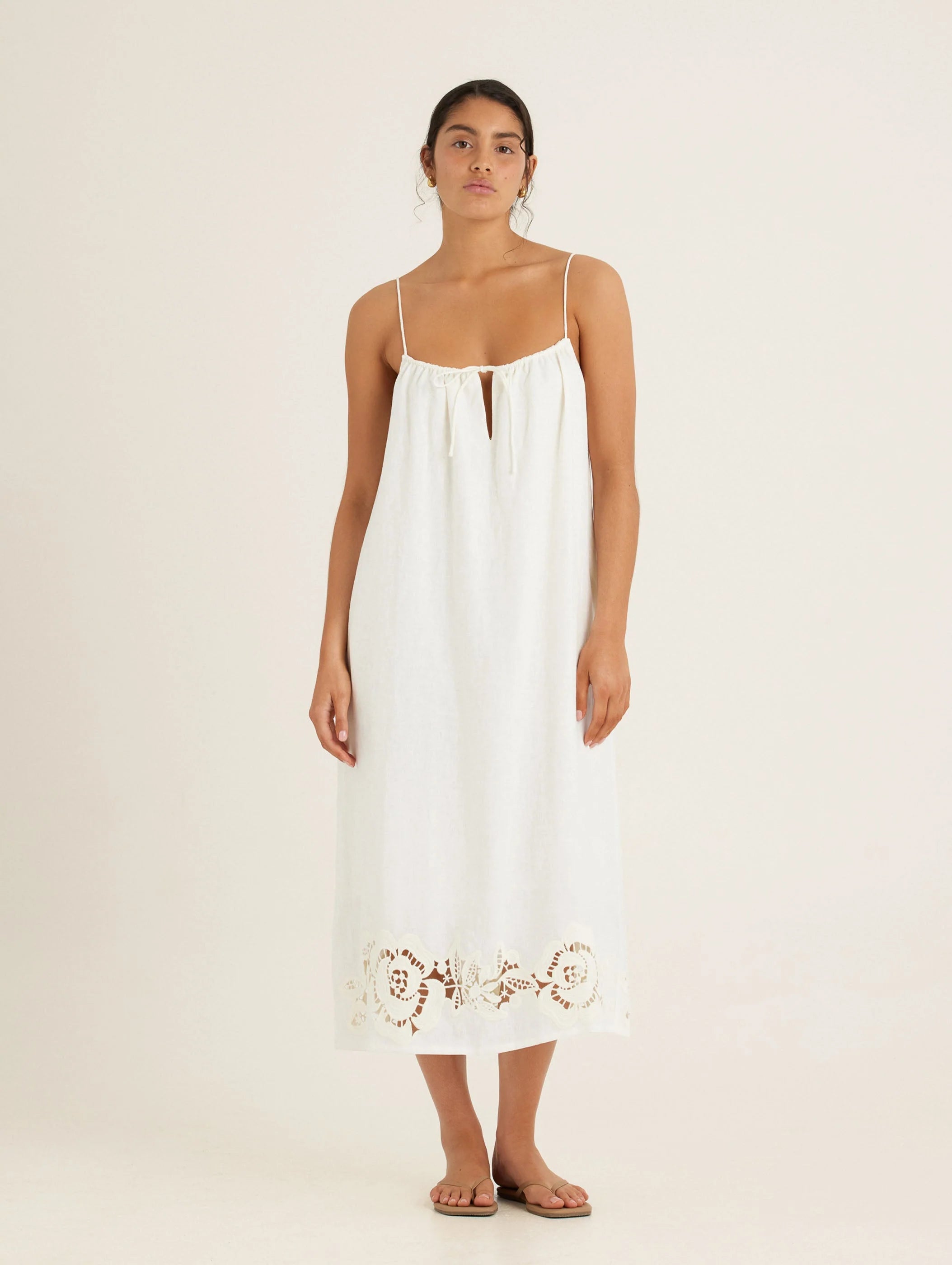 Embroidered Midi Dress in Gardenia
