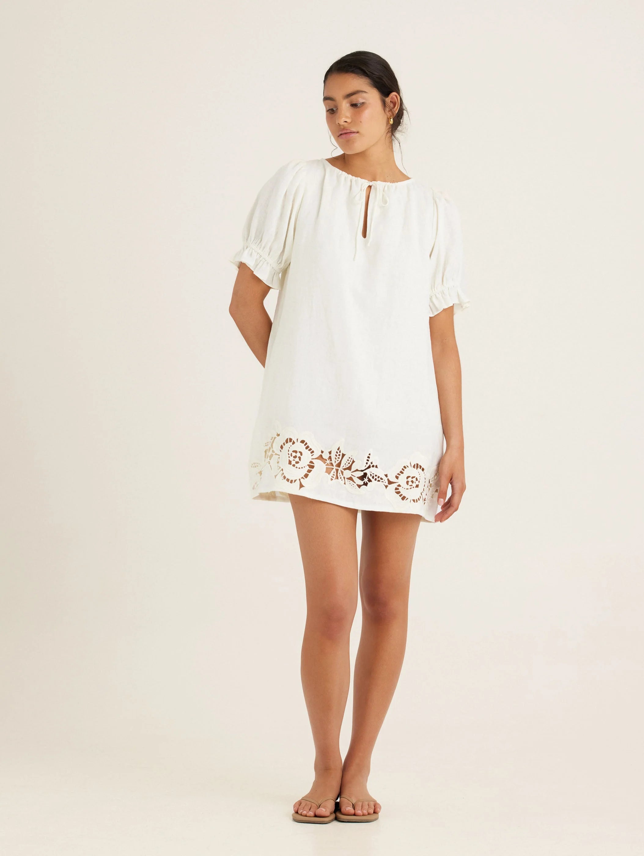 Embroidered Poets Mini Dress in Gardenia