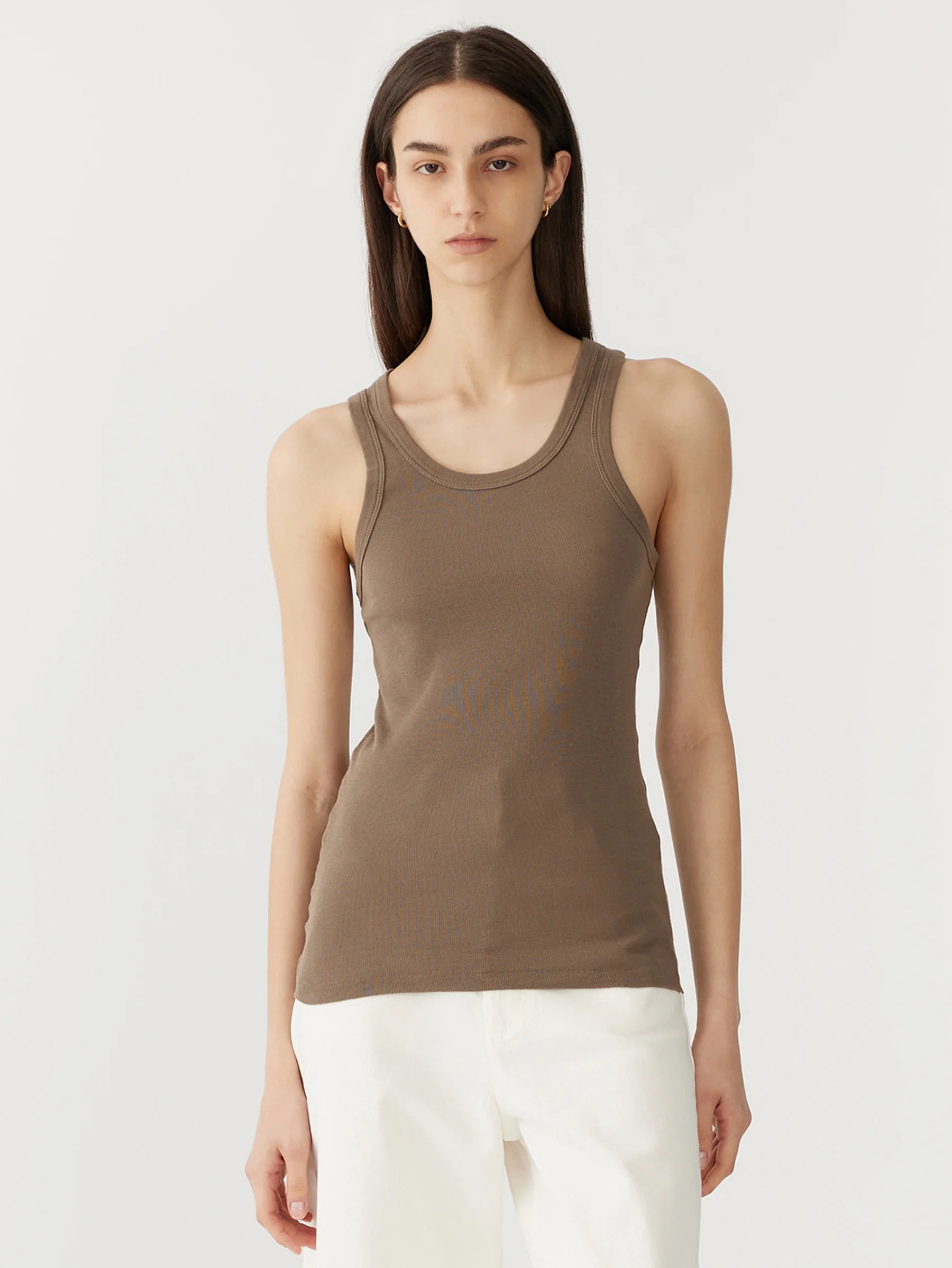 Slim Superfine Rib Tank in Taupe Brown