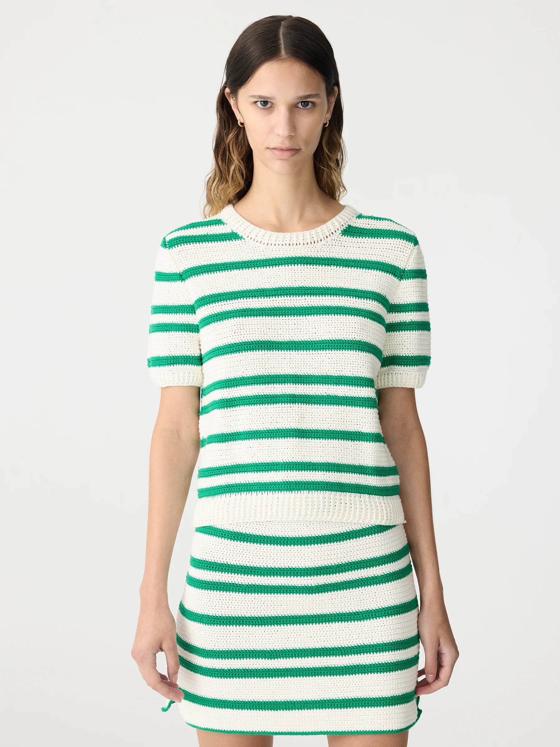 Crochet Stripe T-Shirt Knit in Aloe/White