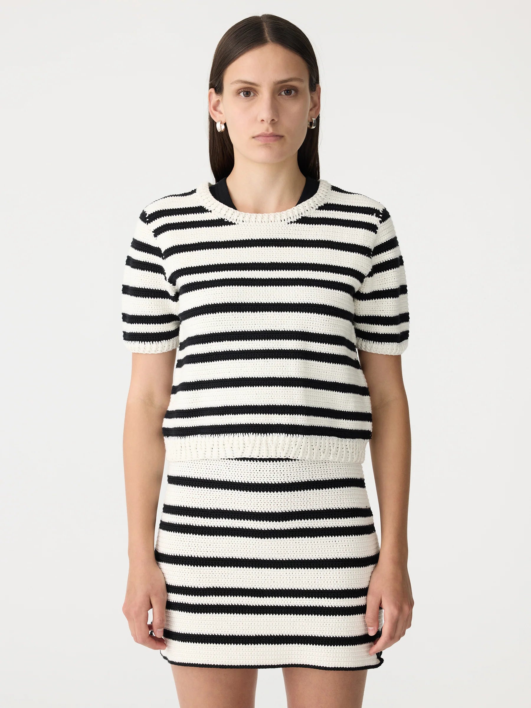 Crochet Stripe Knit T-Shirt in Black/White