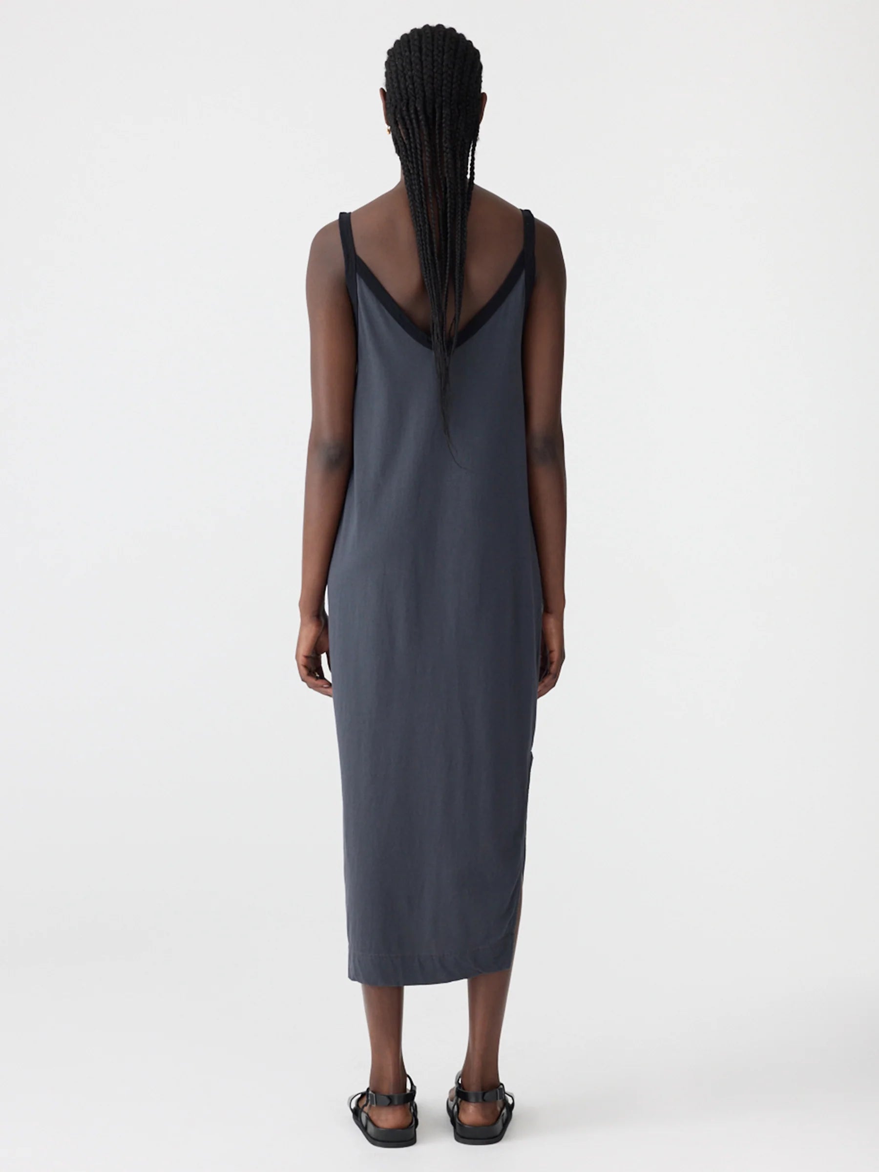 Contrast V Neck Slip Dress in Navy/Black