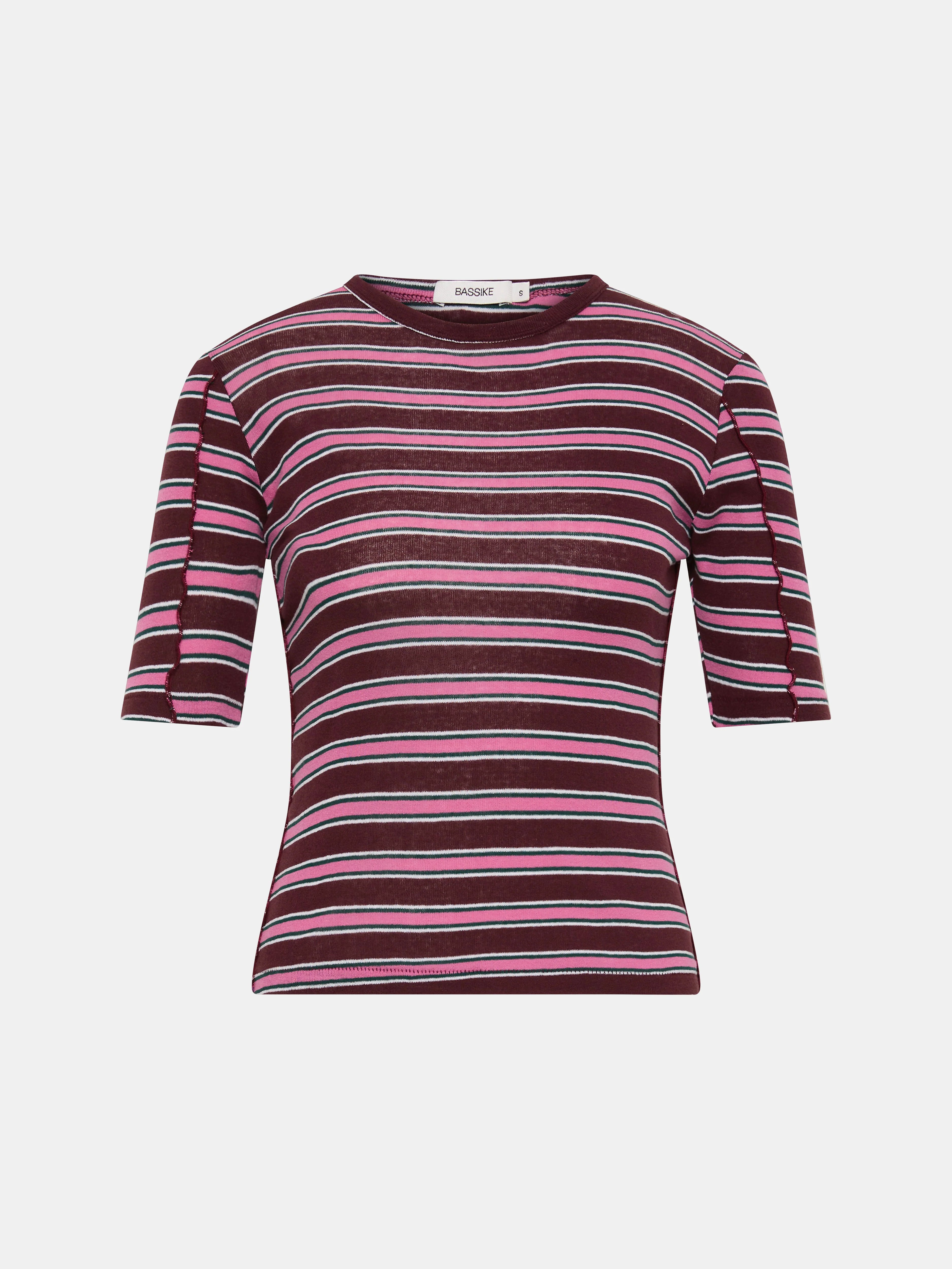 Retro Rib Stripe Mid Sleeve Top in Burgundy/Forest/Pink/White