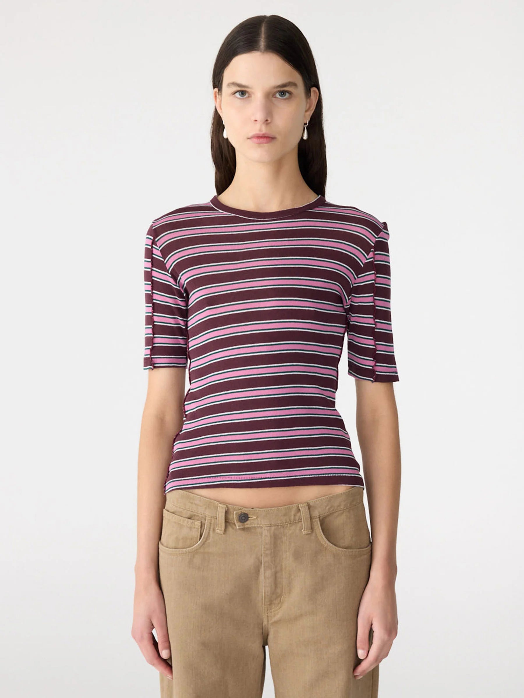 Retro Rib Stripe Mid Sleeve Top in Burgundy/Forest/Pink/White