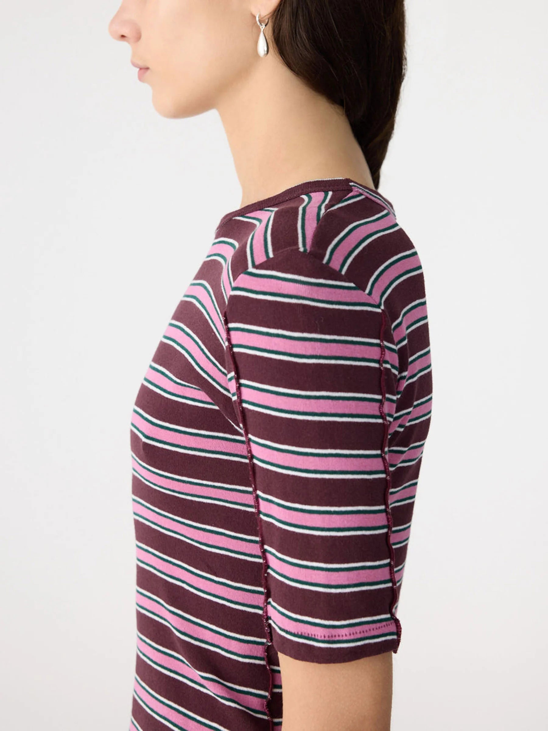 Retro Rib Stripe Mid Sleeve Top in Burgundy/Forest/Pink/White