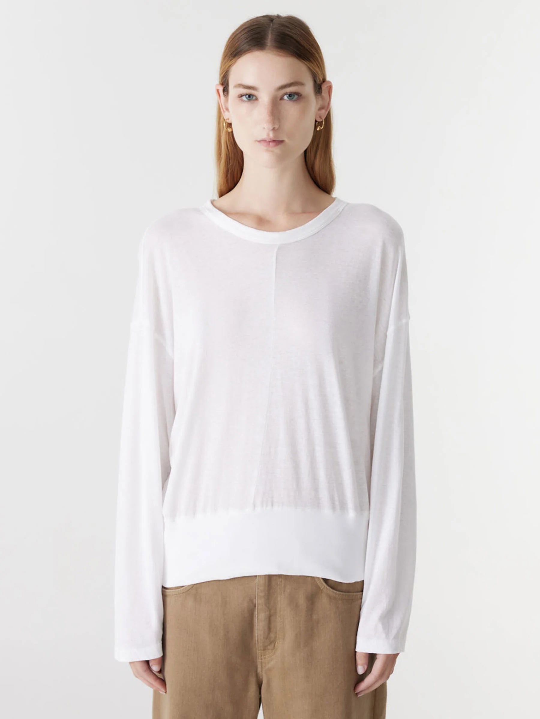 Banded Front Seam L/S Shirt in White