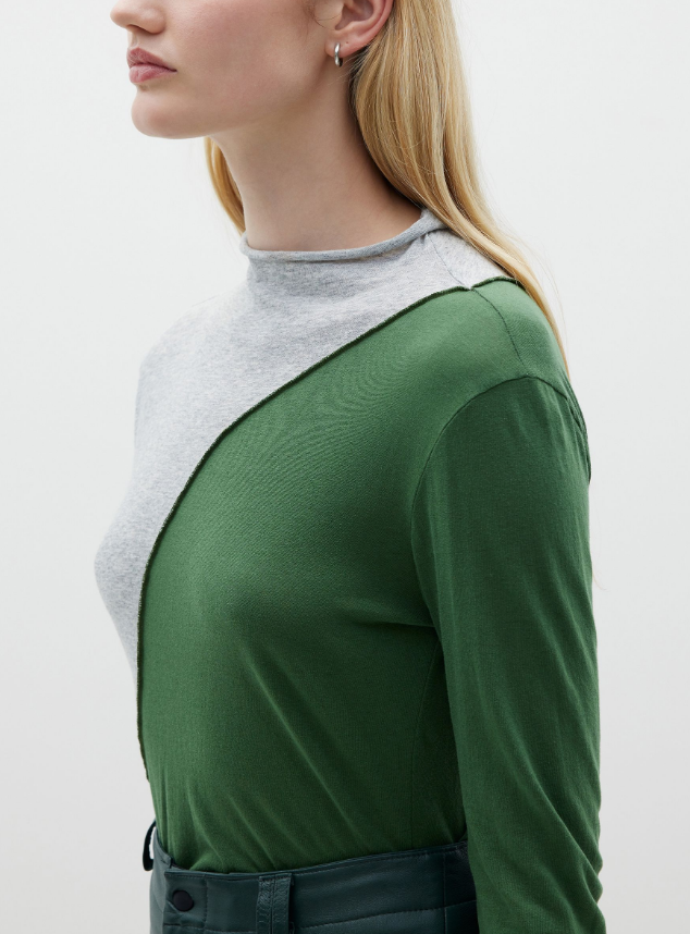 Contrast Raised Neck Long Sleeve Shirt in Grey/Pine Green